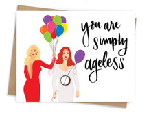 Load image into Gallery viewer, Front of the card features Meryl Streep and Goldie Hahn in the poses that match the movie poster. Meryl Streep is holding a bouquet of balloons with one going through the hole in Goldie Hahn&#39;s stomach.