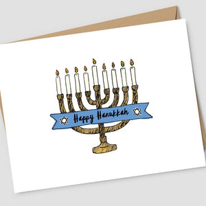 hand sketched menorah with blue ribbon in the middle