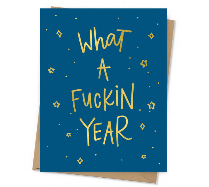 gold foil text and stars on navy background