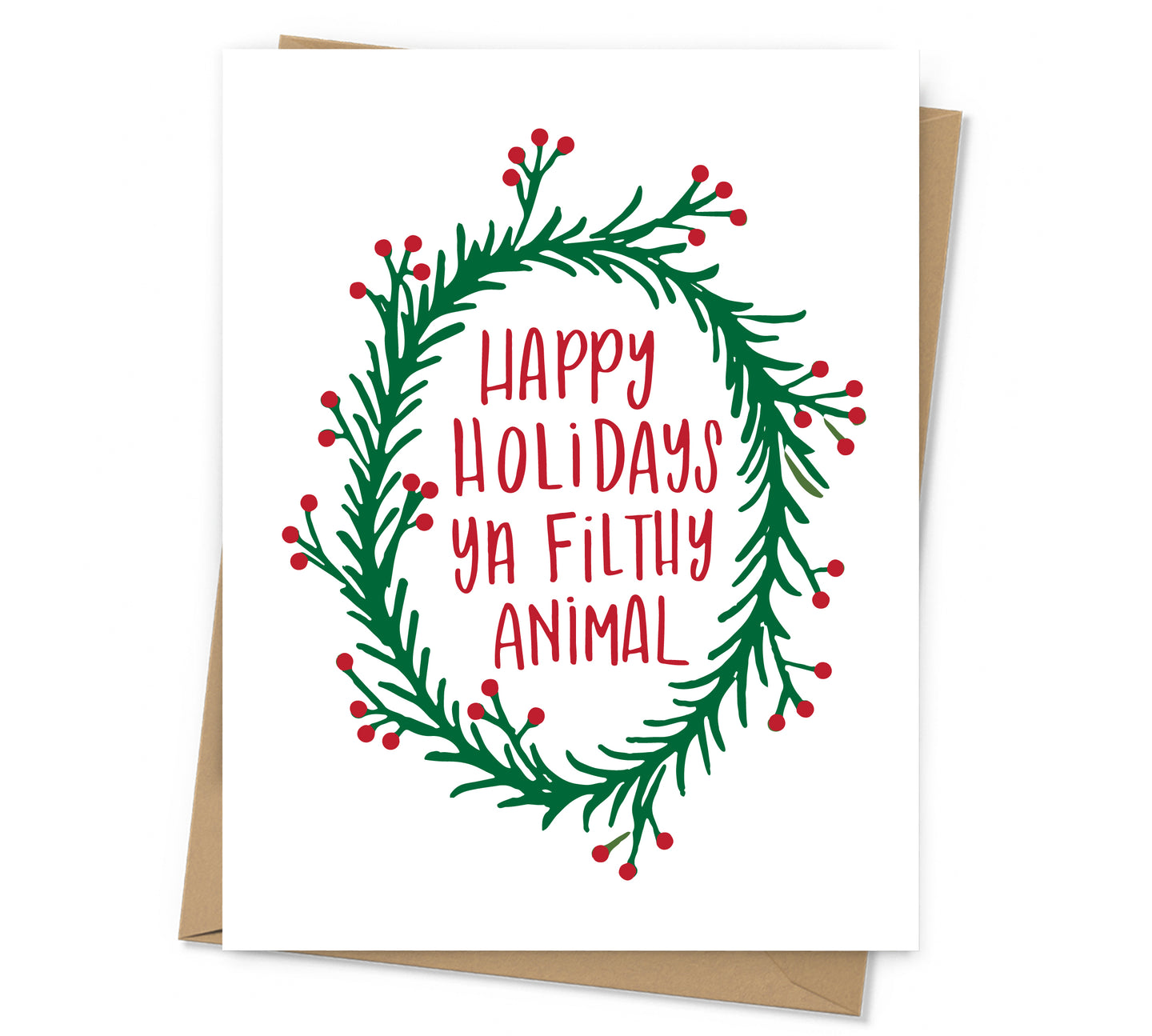 hand lettered red text in illustrated green wreath